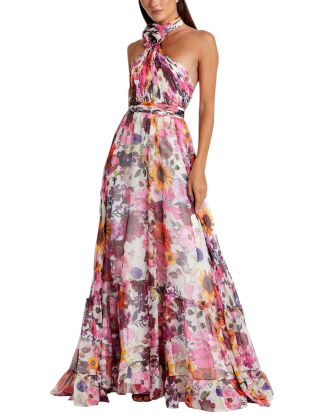 NWT Mac Duggal 68108 Multicolor Asymmetrical Ruffled Halter Floral Gown - Sz 12